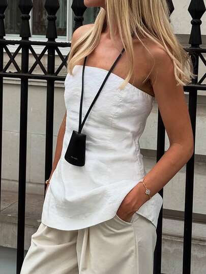 Look Polly 女士无肩带夏季上衣，修身纯色休闲衬衫，适合海滩、约会、办公室等场合。