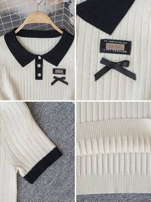 女士米色和黑色 Polo 衫 - 时尚优雅休闲甜美修身罗纹短袖上衣，饰有蝴蝶结，适合春夏日常穿着 - 杏色 - 查看 11