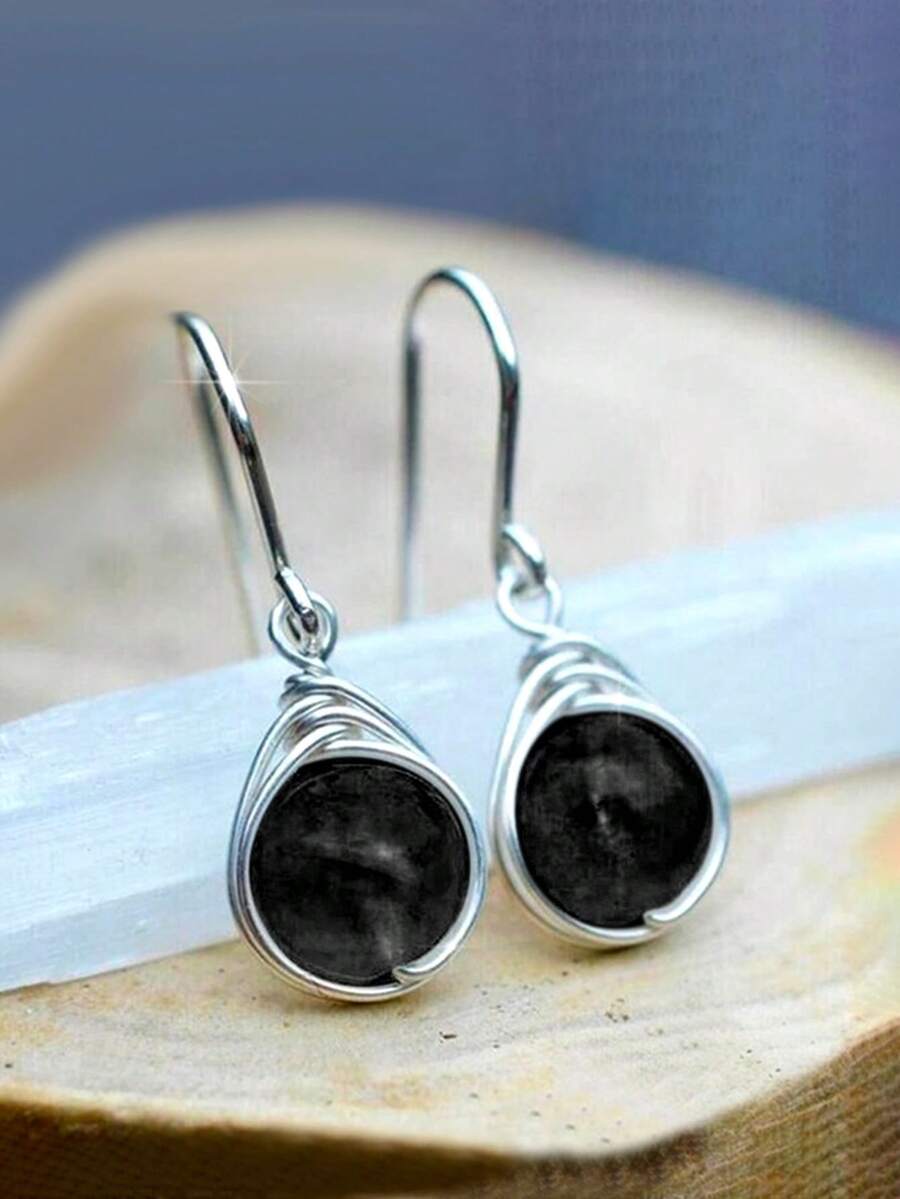 1 Pair Fashion Moonstone Water Drop Earrings, Suitable For Women, Can Be Used For Weddings, Engagements, Anniversaries, Parties, Valentine's Day, Also Can Be Given As Gifts To Mothers, Mother's Day, Etc. - 黑色 - 查看 1