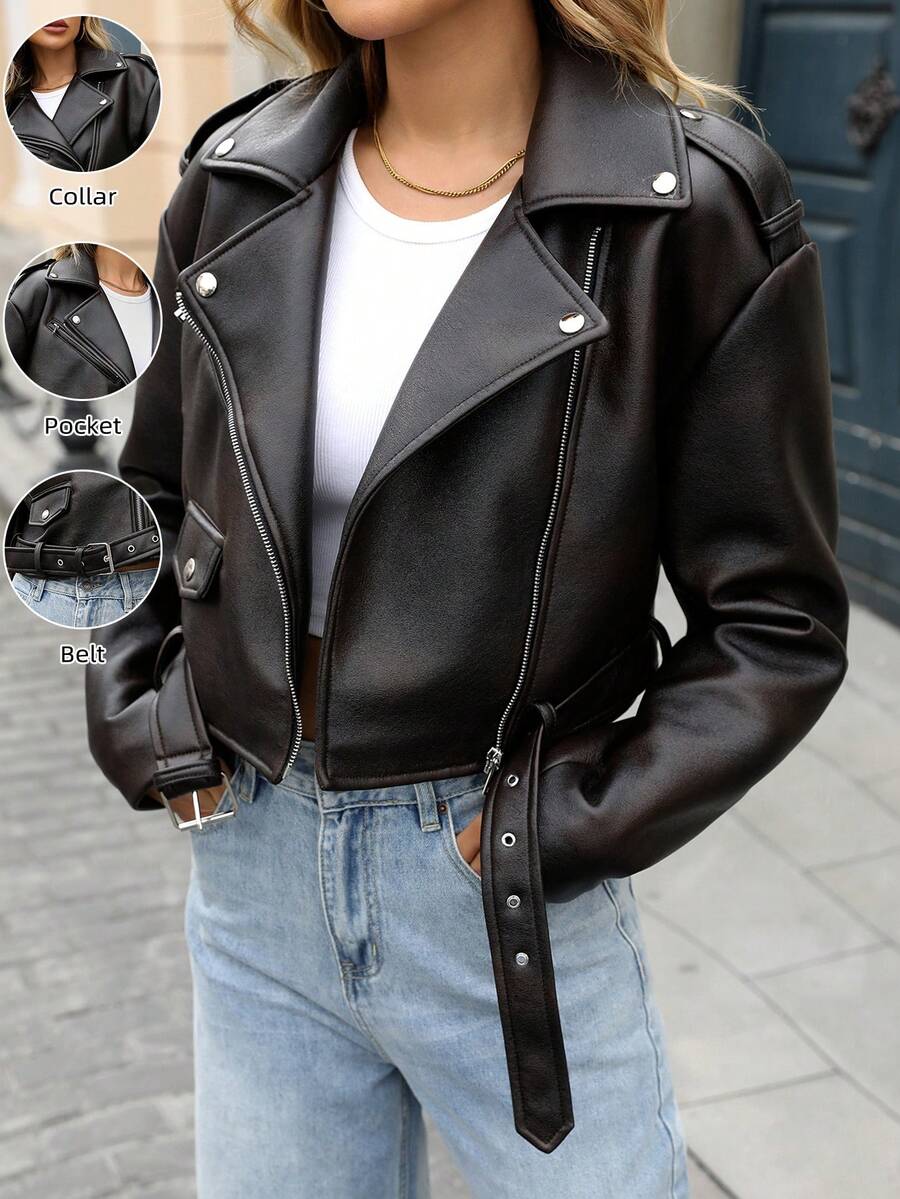 Women's Distressed Faux Leather Bomber Jacket, Loose Fit Motorcycle Jacket