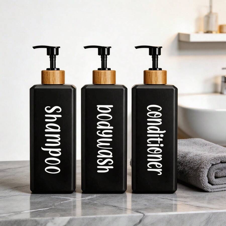3pcs/Set 500ml Square Dispenser Bottles, Suitable For Shampoo, Conditioner, Body Wash, Lotion, Home Bathroom Decor, Autumn, Back To School - Black - View 1