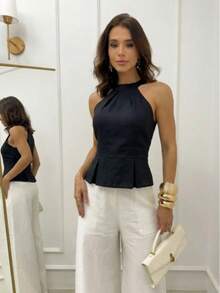 Women's Blouse With A Halter Neck Design, High Collar, And Slight Peplum At The Hem, Offering An Elegant And Modern Fit. Versatile, Perfect For Creating Casual Or More Sophisticated Summer/Carnival Looks. - 黑色 - 查看 2