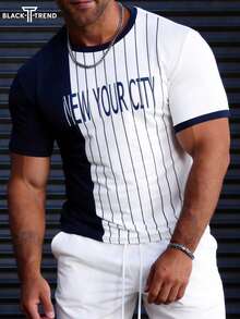 Camiseta de manga corta casual para hombres con bloques de color y rayas con eslogan de Nueva York - Multicolor - Ver 3
