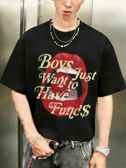  Camiseta de Manga Curta Casual e Solta no Estilo Rock e Rap da Moda Masculina Fractyr | Impressão de Letra em Inglês e Boca de Cereja | Design Requintado | Imperdível para a Primavera/Verão | Camiseta Básica Versátil | Algodão Confortável | Melhor Presente para Amigos | Mostre sua Personalidade Única