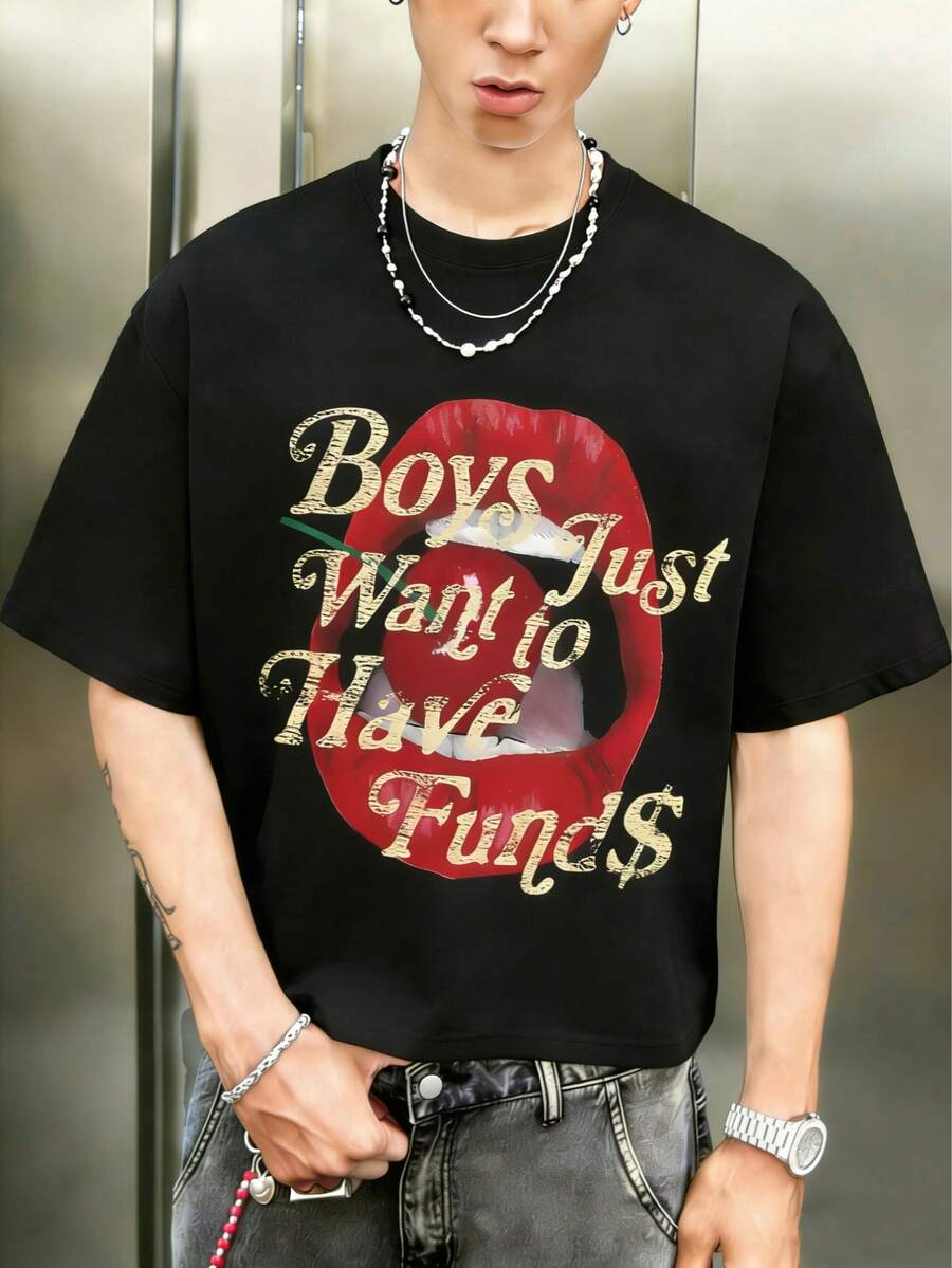 Fractyr 男士时尚休闲街头摇滚说唱风宽松短袖T恤 | 英文字母和樱桃唇印花 | 精致设计 | 春夏必备 | 百搭基础款T恤 | 送朋友的最佳礼物 | 展现独特个性 - 黑色 - 查看 1