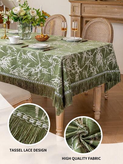 1 pieza Mantel rectangular/redondo de chenilla jacquard verde con decoración de flecos, elegante estilo pastoril adecuado para fiestas, banquetes, restaurantes, bodas, decoración de mesa de comedor en el hogar