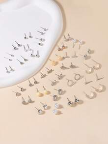 30 Pairs/Set Faux Pearl & Rhinestone Flower & Heart Minimalist Element Earrings, Elegant Daily Wear Earring Set For Women - Silver - View 2