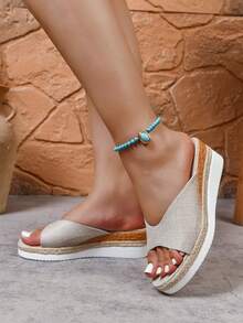 坡跟麻绳女士麻绳底露趾坡跟厚底透明拖鞋，休闲沙滩鞋 - 米色 - 查看 2