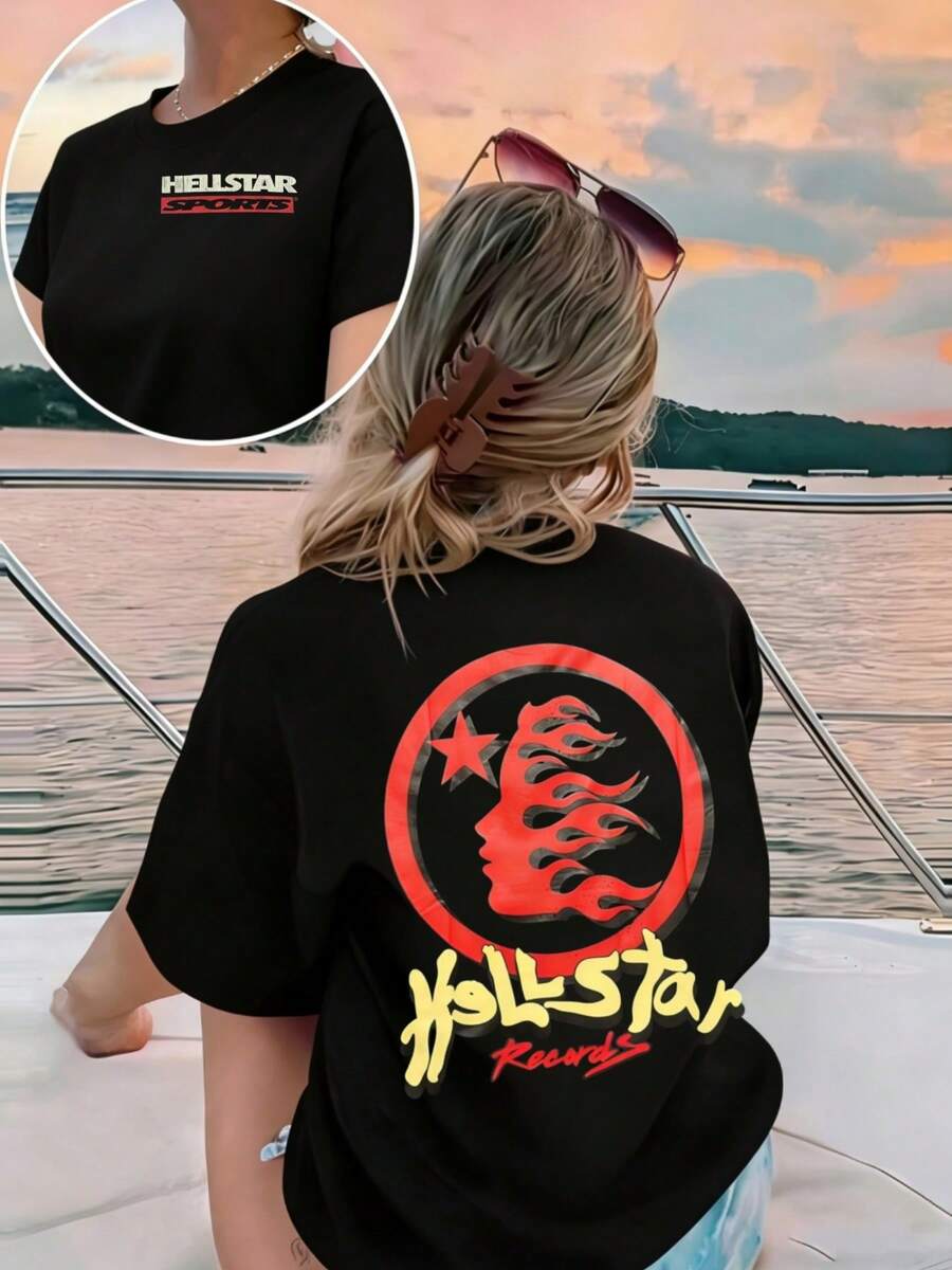 Hellstars Retro Fire Hair Logo Records Vintage T-Shirt Double Sided Printed (220g 100% Cotton T-Shirt),Summer Clothes, Women's Tops, Casual And Comfortable, Fashionable Graphic Tee, Unisex Style - Black - View 1