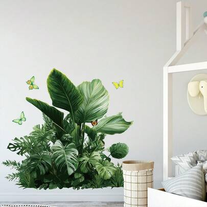 Tropical Leaf & Butterfly Wall Decals Set, Mango Tree Leaves Green Plant Wall Stickers, Waterproof Self-Adhesive Bathroom Decor Stickers, Wall Art Decor For Home, Kids Room, Living Room