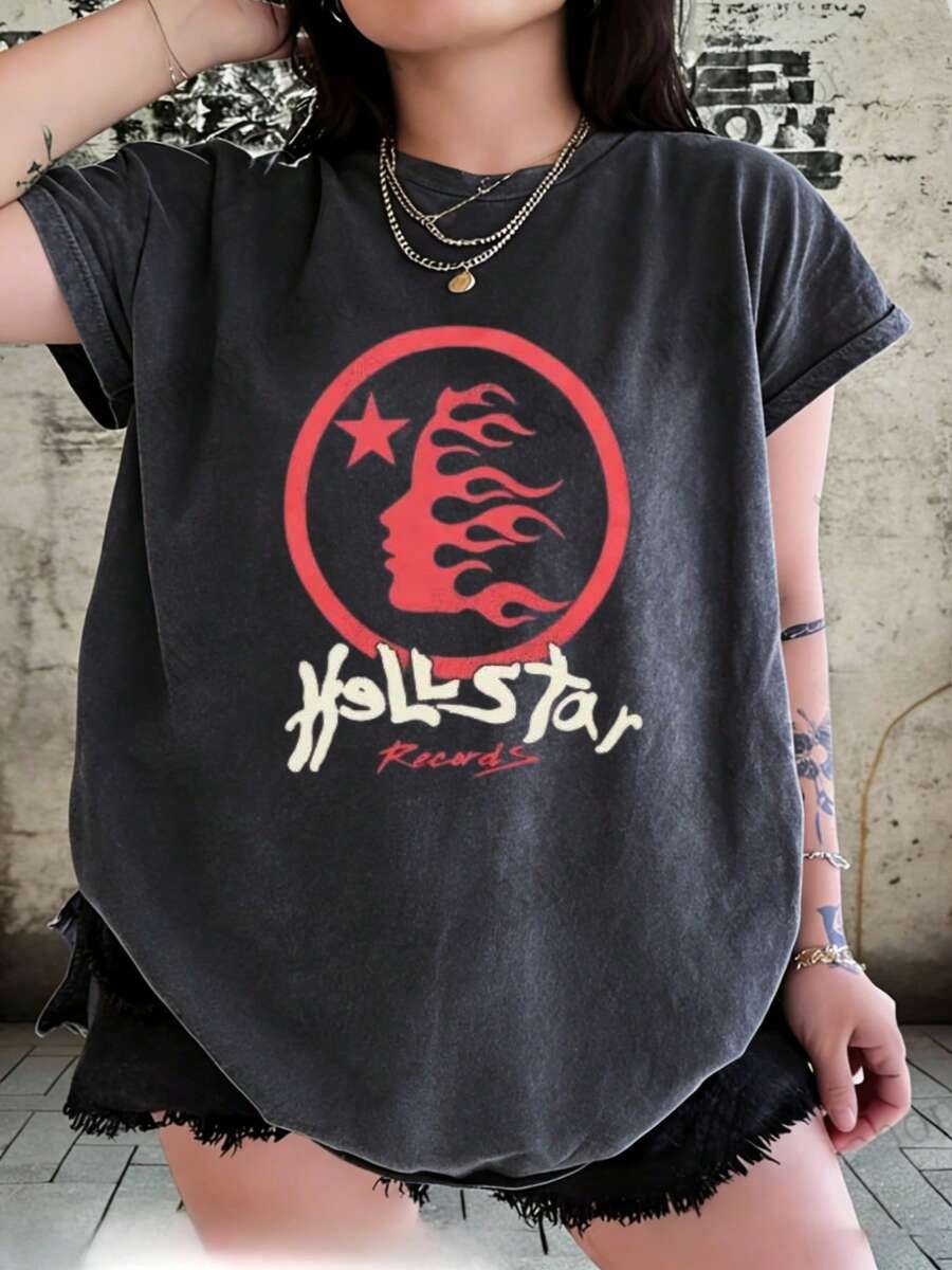 Hellstars Logo Flame Retro Washed Print Round Neck Short Sleeve T-Shirt, 230g 100% Cotton T-Shirt, Summer Clothes, Women's Tops, Casual And Comfortable, Fashionable Graphic Tee, Unisex Style - Black - View 1