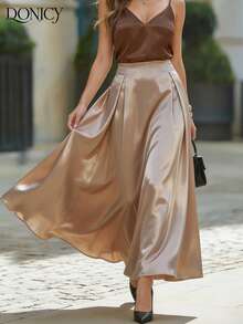 DONICY 女士米色长款百褶高腰半身裙，优雅飘逸 - 杏色 - 查看 1