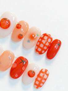 10 piezas de uñas postizas ovaladas de longitud media en color rojo, con un estilo dulce y vibrante de verano con degradado rojo y blanco, decoración 3D de tomate y gota de agua, acento de cuadros y estrellas de purpurina pintadas a mano, pegatinas de uñas lindas y divertidas para mujeres y niñas, adecuadas para primavera, verano, otoño, invierno, fiestas y uso diario - Multicolor - Ver 3