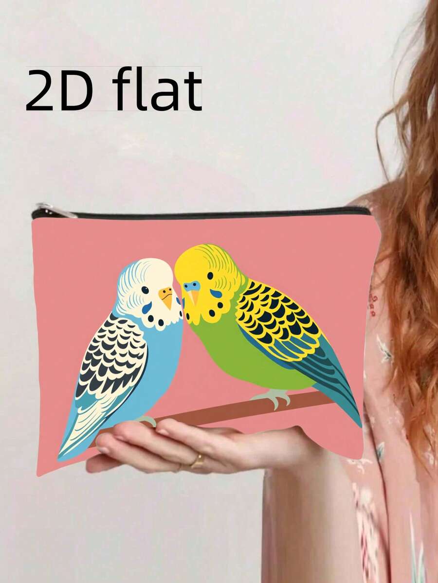 1个鹦鹉图案时尚拉链钱包，可作零食袋、化妆品收纳包、双面印花化妆包、学生文具袋、节日礼物 - 1个活泼有趣的鹦鹉西瓜蛋糕化妆包 - 轻便可折叠拉链设计，适合女士和朋友 - 彩色 - 查看 1