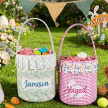 1pc Personalized Embroidered Easter Bunny Basket, Cotton Easter Egg Hunt Bag. Our Pastel Easter Bunny Basket - Multicolor - View 5