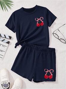Girls 2 Piece Summer Outfit Cherry Bow Graphic Tee & Shorts Set Cute Casual Outfits - Deep Blue - View 3