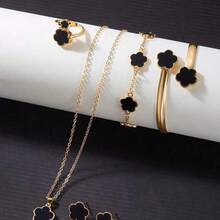 6pcs Vintage Gold Plated Carved 5-Petal Flower Pendant Necklace Bracelet Ring Earrings Jewelry Set For Women [Random Tassel - 彩色 - 查看 5