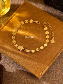 1件铜镀金心形、星星和花朵吊坠手链，女士派对及日常配饰，节日礼物 - 金黃色 - 查看 4