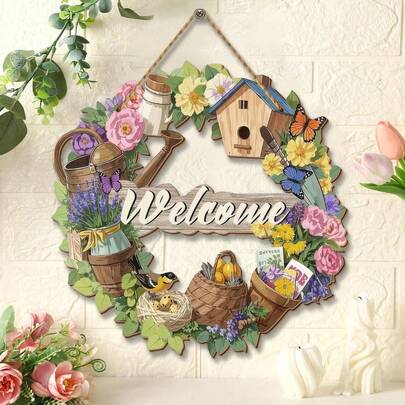 1件春季木质迎宾花环，农舍乡村风格迎宾挂环，鲜花蝴蝶木质门环，适合户外花园装饰、室内门装饰、花园露台装饰挂件