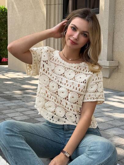 Women's Crochet Knit Crop Top, Round Neck Hollow Out Semi-Sheer Short Sleeve Blouse For Summer