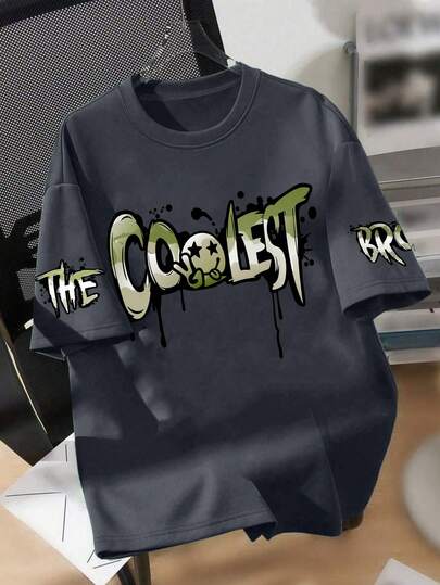 1pc Boys' Vintage Graffiti Style Letter Print Top, Comfortable And Fashionable Casual Spring/Summer Outfit For Teenage Boys