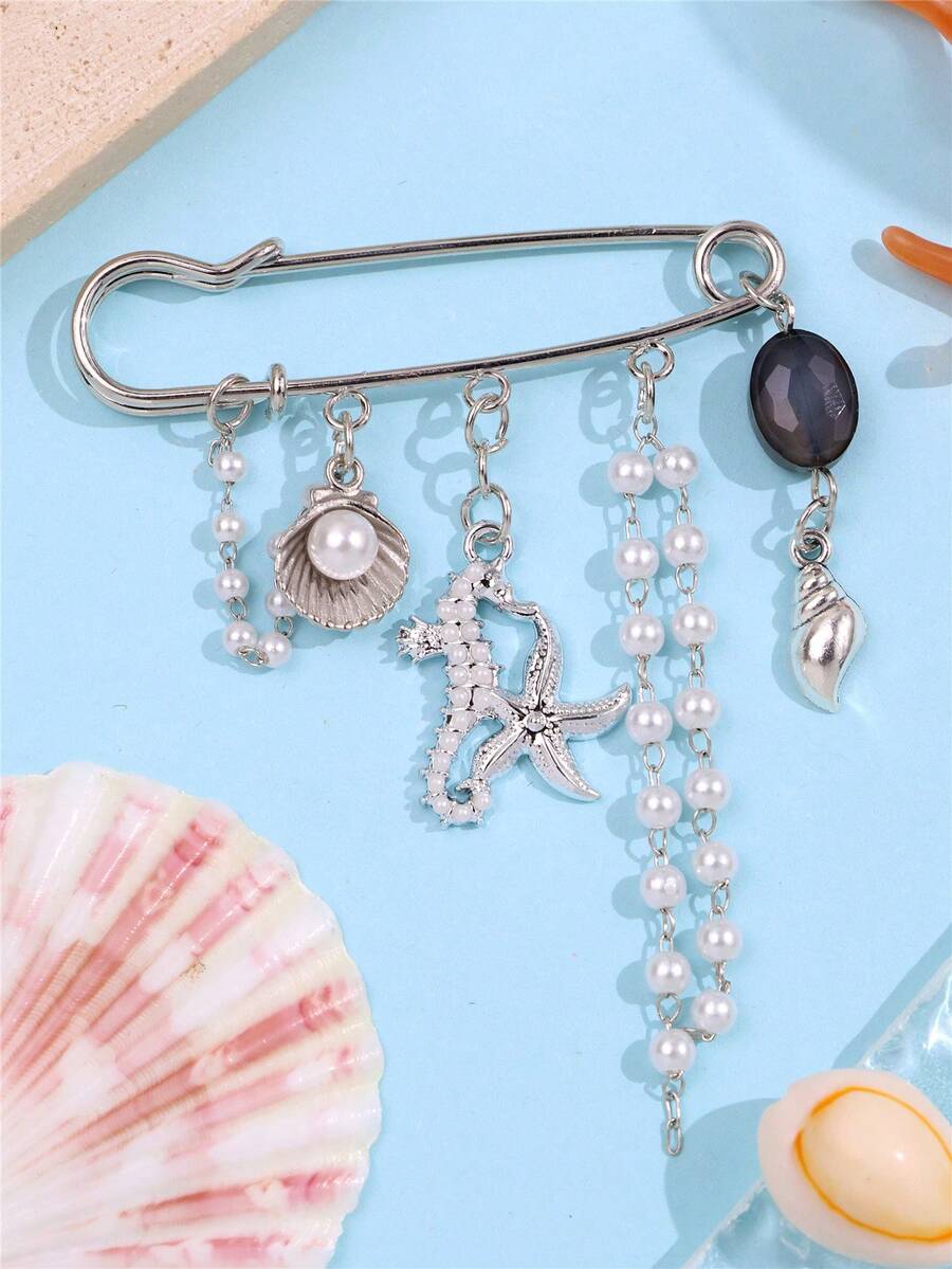 1枚极简主义海马、海星、贝壳、贝壳流苏胸针，可爱海洋元素胸针，外套/连衣裙/腰部束带别针 - 彩色 - 查看 1