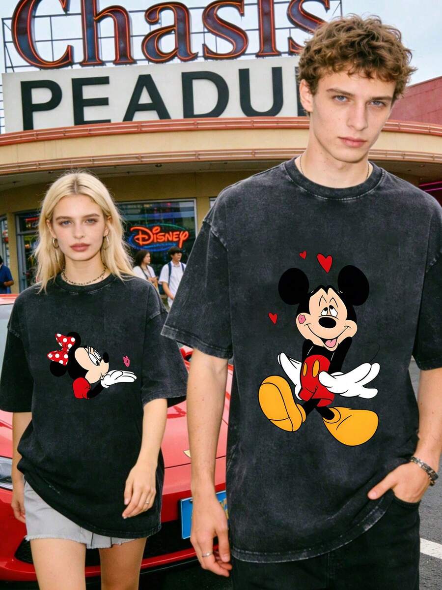 Disney Officially Licensed Graphic T Shirts 100 Percent Cotton  Shirt,  &  Line Art Couple T-Shirt, Unisex, Washed 230g, Retro Vintage, Crew Neck Short Sleeve, Casual Daily Wear - 黑色 - 查看 1
