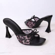 Fashionable Leopard Print Mesh High Heel Mule Sandals, Square Toe Stiletto Slip-On Dress Sandals For Women - Mauve Purple - View 9