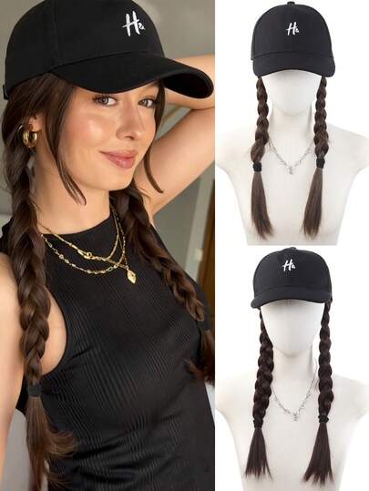 16英寸女士黑色帽子假发，配长辫子假发，合成接发，适合日常佩戴