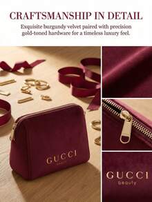 Gucci 1个中号酒红色天鹅绒拉链收纳包 - 奢华优雅风格，金色箔印Logo细节，长方形，多功能化妆包，适合日常使用和旅行 - 紅色 - 查看 6