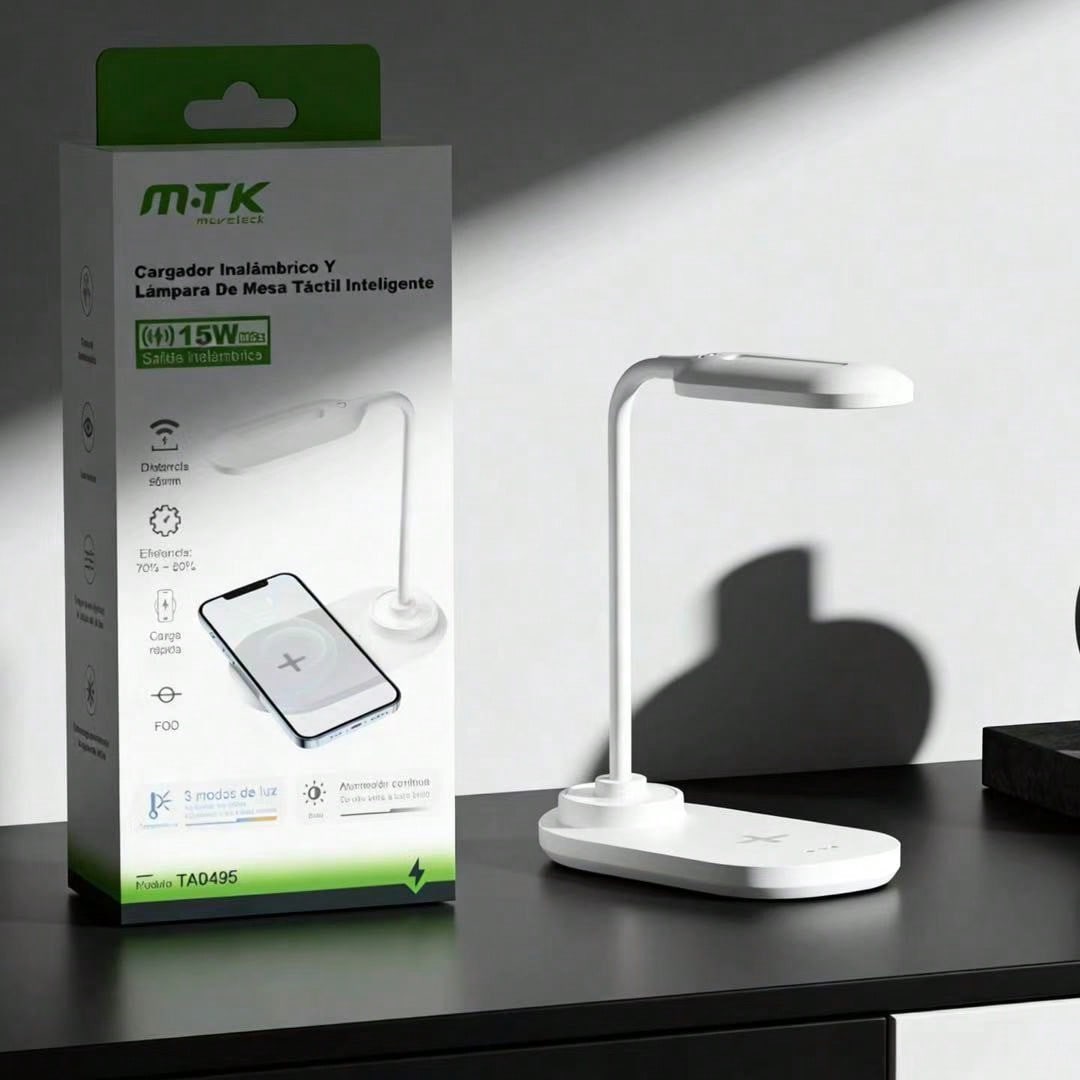 Lámpara de Mesa Inteligente MTK TA0495 Blanco con Cargador Inalámbrico 15W, Material ABS