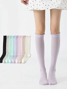 1 đôi tất nữ cao đến bắp chân, kiểu dáng mỏng, xếp ly hình trái tim, tất cao đến mắt cá chân, giúp thon gọn vóc dáng, thích hợp cho mùa xuân/hè, dễ dàng phối với váy. - Nhiều màu - Xem 2
