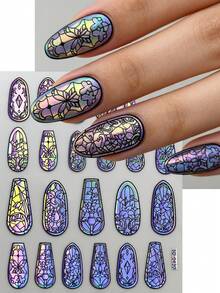 1张5D玻璃碎片美甲贴纸，自粘式彩色玻璃窗格设计美甲贴花，全息优雅几何花框滑动贴纸，适用于女性、女孩、家居和美甲沙龙DIY美甲贴纸 - 彩色的 - 查看 13
