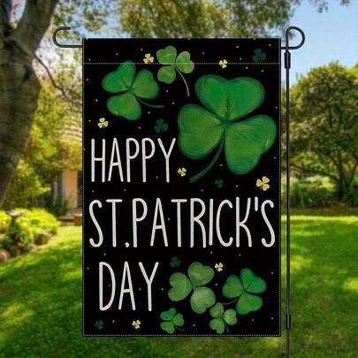 Single Piece, 2D Flat - Garden Flag For St. Patrick'S Day, Single Design, Clover Pattern, Made Of Polyester, Suitable For Various Outdoor Decorations, No Electricity Required, Spring And Summer Home Decor Item (Note: Printed On One Side