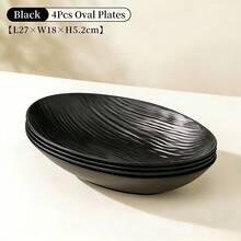 2/4件套黑色纹理餐盘，奢华椭圆形沙拉/意面盘，创意塑料西式和东方风格餐具，酒店和家庭使用的水果/零食盘 - 黑色 - 查看 9