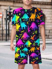 Colorful Dinosaur Silhouettes Pattern Mens Short Sleeve Set Casual Comfortable Outfit Soft Breathable Lounge Wear Summer Fashion Gift - 彩色 - 查看 3
