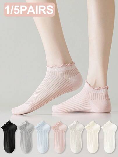 1/5 pares de calcetines cortos, versátiles, casuales, dulces y lindos para mujer, de unicolor, de malla calada y con volantes de encaje, de colores aleatorios