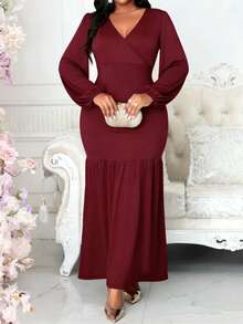 Womens Elegant V Neck Long Sleeve A Line Dress With Ruffle Hem And Wrap Knitted Fabric Bishop Sleeve Style - 酒紅色 - 查看 3