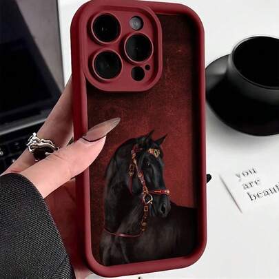 Funda protectora de teléfono minimalista antideslizante y de grosor preciso con pintura de caballo en color vino tinto, compatible con iPhone 17/17 Pro Max/ 16/16 Pro/16 Pro Max/ 16 Plus, 15 XR/7/8, 15 Pro Max, 12 Pro Max, 13 Pro Max, 14 Pro Max, 13, 14, 11, 12P, 14P, 11P, 12P, XS, XR, 7/8P, 7/8 GES2