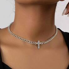1pc Fully Rhinestone Encrusted Cross Necklace, Suitable For Daily Wear - Silver - View 1
