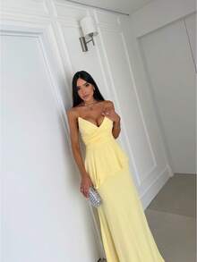 Luxury Strapless Dress In Structured Crepe - Perfect For Bridesmaids And Gala Events - Yellow - View 3