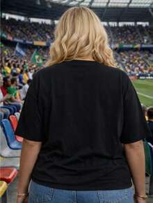 Women's Plus Size Plain Crew Neck T-Shirt, , Oversized, Brazil Hexa Football Yellow T-Shirt, World Cup 2026 - màu đen - Xem 2