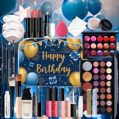  Bộ quà tặng trang điểm sinh nhật POPFEEL, bao gồm kem che khuyết điểm, phấn mắt, son môi, mascara và nhiều sản phẩm khác, phù hợp cho người mới bắt đầu, là món quà sinh nhật hoặc quà tặng ngày lễ hoàn hảo.