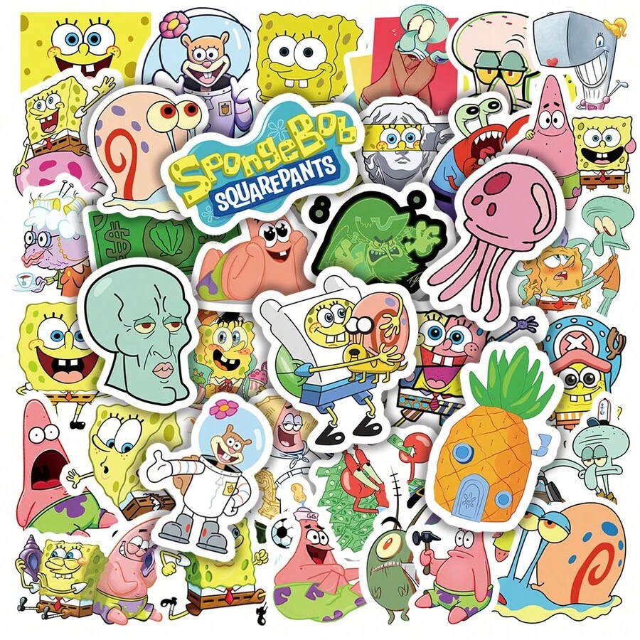 SpongeBob SquarePants 50pcs Cartoon Sponge Graffiti Stickers For Water Bottle, Luggage, Notebook, Skateboard, Bicycle Helmet - Multicolor - View 1