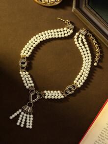 Vintage Luxurious Double-Layer Pearl Twist Chain Tassel Necklace | A Captivating Choice For Palace-Style Retro Parties. Featuring An Antique Copper Alloy Heart-Shaped Tassel Silhouette, Exquisite Craftsmanship Showcases A Retro Elegant Vibe, Suitable For Formal Dinners, Weddings, And Everyday Wear, Helping You Effortlessly Capture A Palace-Style Retro Ambiance. - Multicolor - View 4