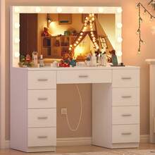 Large Makeup Vanity With 9 Drawers For Christmas Gifts, Glass Desktop Makeup Vanity With 12 LED Lights, 3 Lighting Color Adjustable, Vanity Table With Large Lighted Mirror And Power Outlet, White - US A Type Plug(110-127V) - View 7