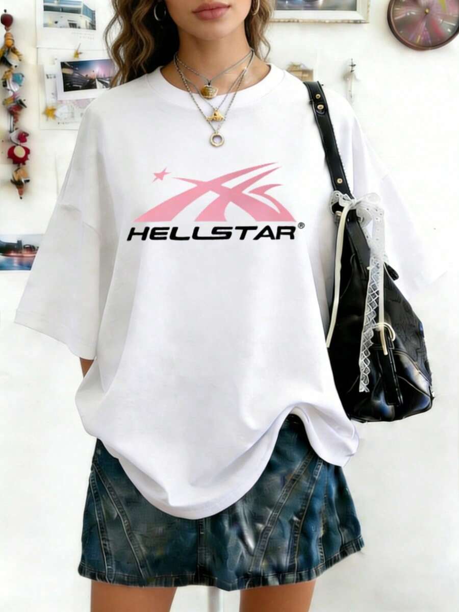Hellstars Textured Flame Head Star Y2K Graphic T-Shirt,220g 100% Cotton,Round Neck Short Sleeve,White Streetwear Essential For Summer Going Out,Unisex Style - White - View 1