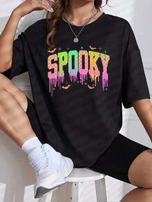 Camiseta de mujer con estampado de patrón de cuadros de Halloween, manga corta, cuello redondo, estilo casual, para primavera y verano. - Negro - Ver 7
