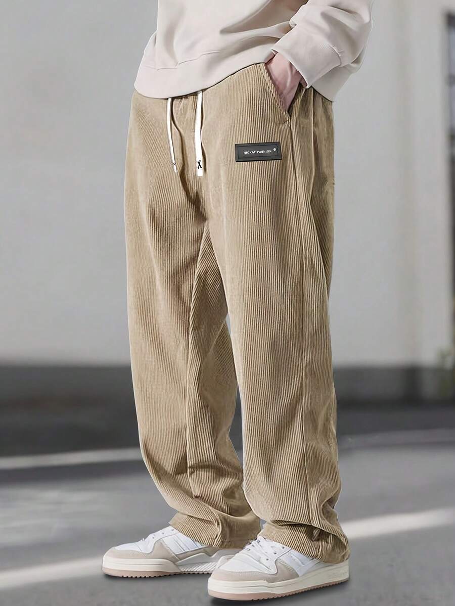 Hidkat Men's Corduroy Casual Trousers For Spring/Autumn, Featuring A Solid Color, Drawstring Pockets, And A Lightweight, Soft, Breathable, And Comfortable Design. With A Wide-Leg Straight Cut And Elasticated Waist For Ultimate Versatility, Perfect For Daily Leisure Outings. - 卡其色 - 查看 1