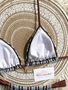 2026新款女士比基尼两件式泳衣，撞色条纹图案，系带露背时尚休闲泳装，适合海滩、度假、派对等场合。 - 藍色棕色 - 查看 4